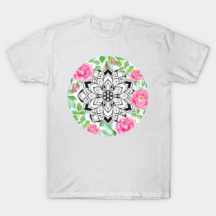 Pink Roses and Mandalas on Sky Blue Lace T-Shirt